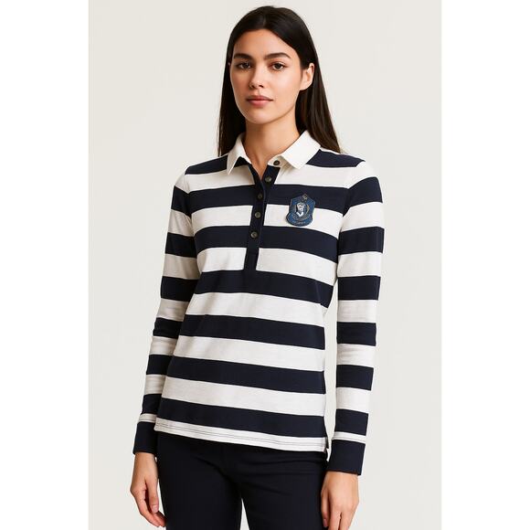 NWT H&M LOGG Rugby Collar Polo Size M Women’s Black Cream Striped Long Sleeve - Picture 1 of 16